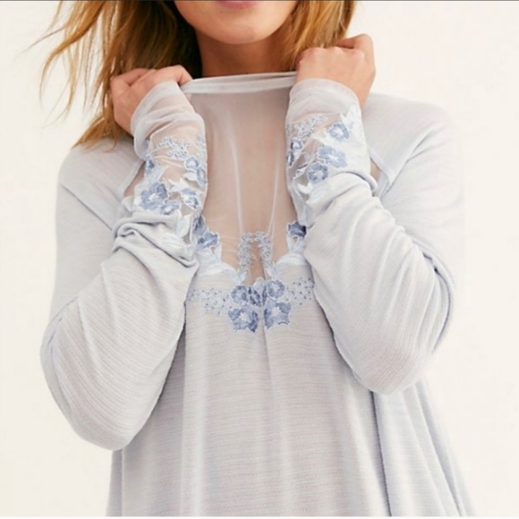 Free People Saheli Glacial Ice Blue Mesh Bodice Floral Embroidered Top, … - Picture 15 of 16
